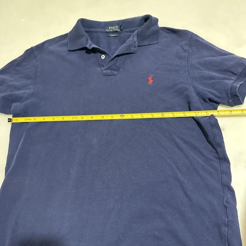 Ralph Lauren Men’s L Polo Shirt 100% Cotton Navy Blue Red Pony Logo Custom Fit